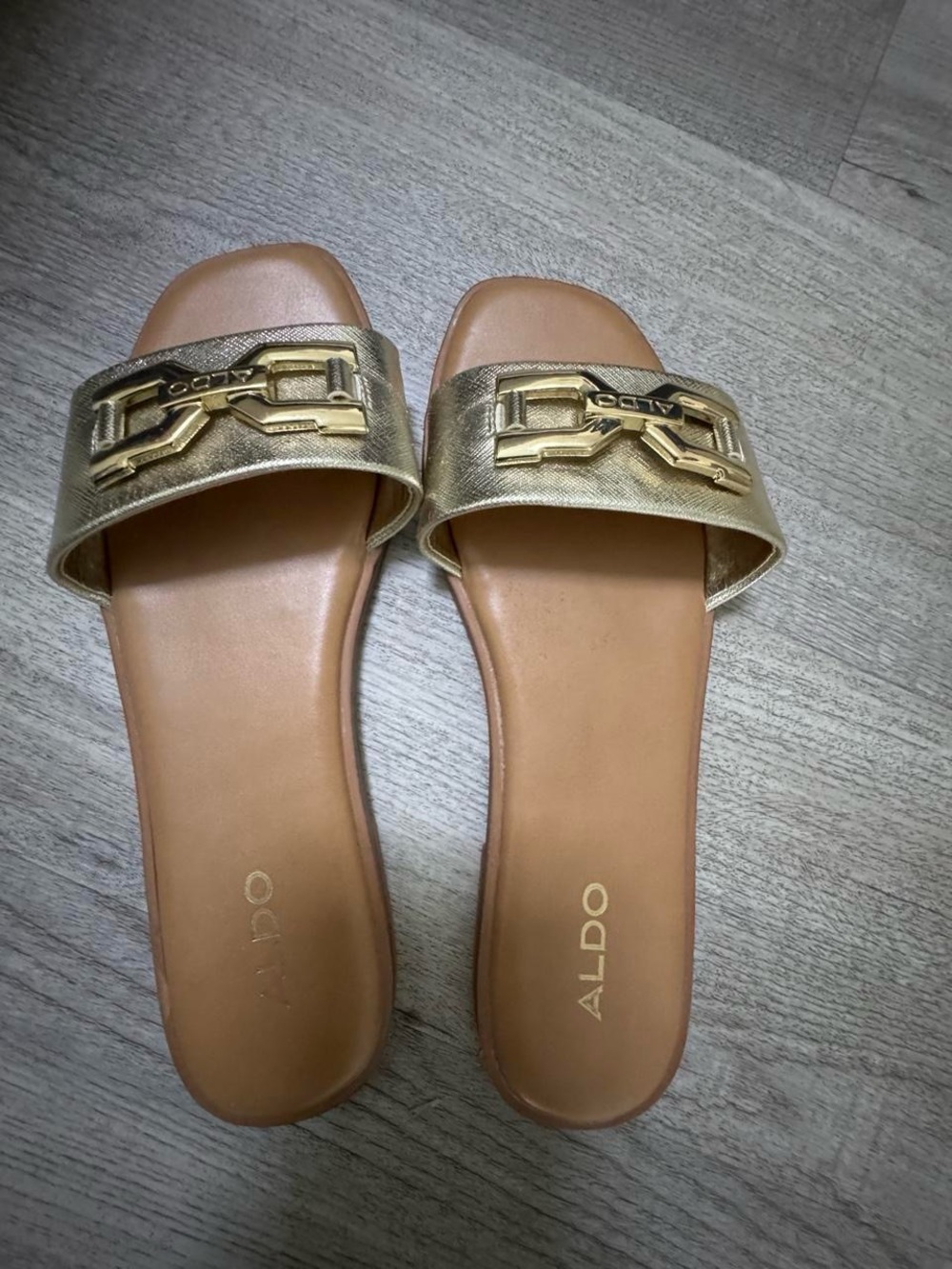 ALDO Gold Metallic Slide Sandals with Chain-Link Accent